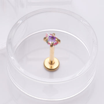 Detail View 1 of Golden Teardrop Prong Set Sparkle Top Internally Threaded Labret Flat Back Stud-Aurora Borealis